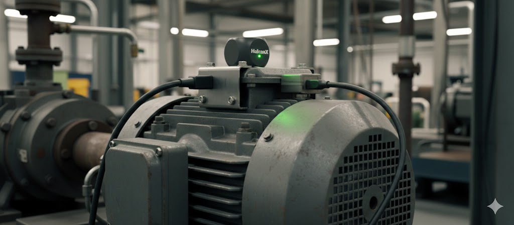 HalconX sensor mounted on industrial motor in factory